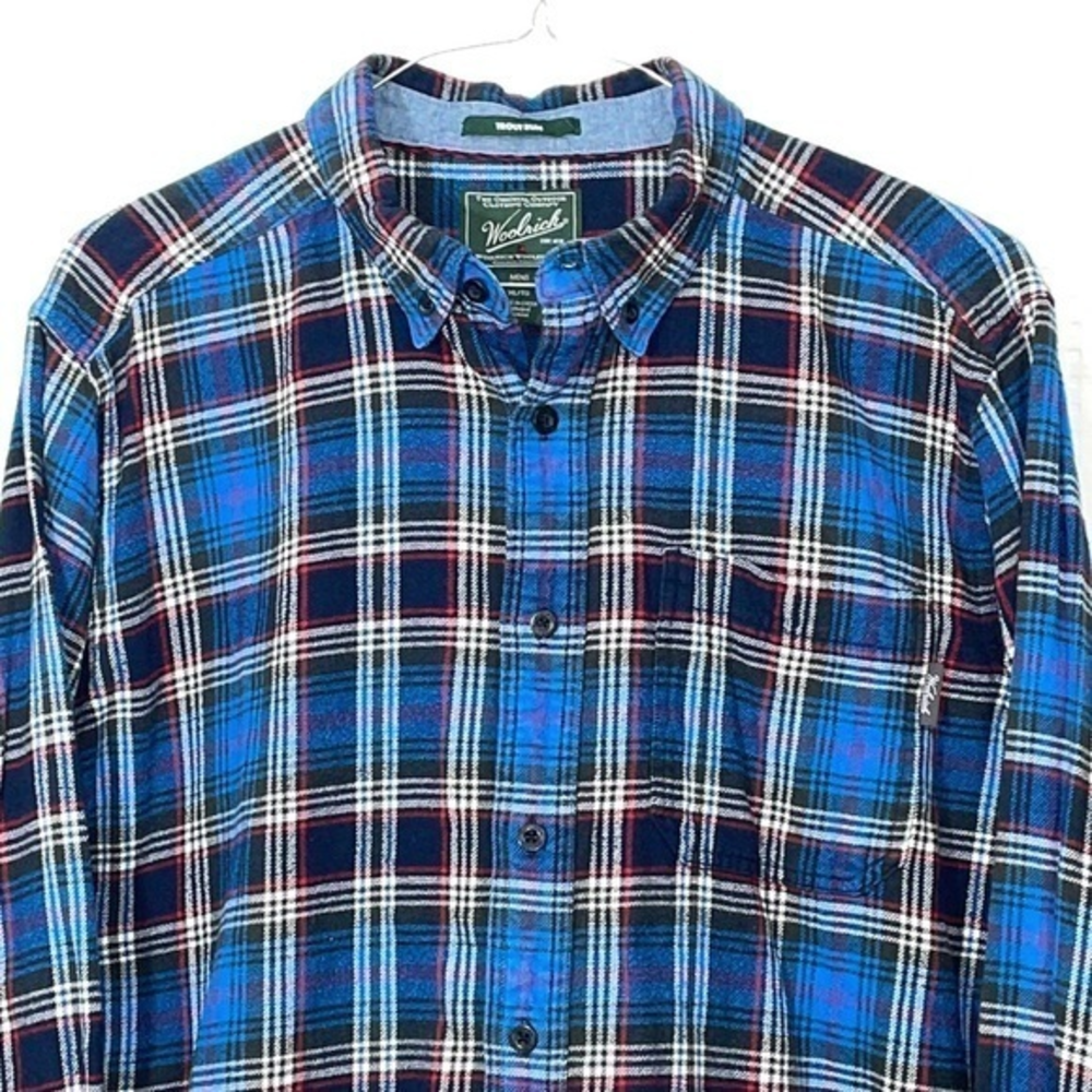 Woolrich men’s XL/TG blue, black, white & red plaid cotton flannel shirt. GUC